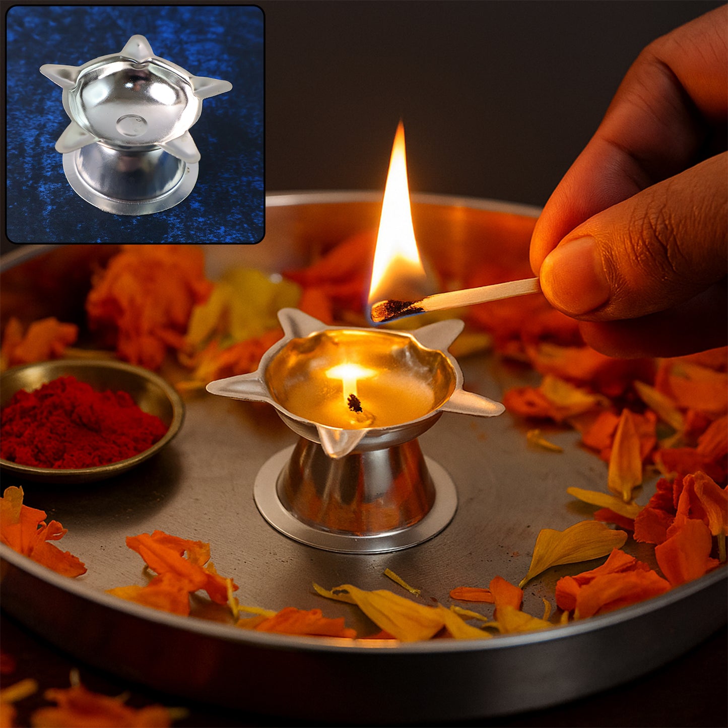 Stainless Steel Lotus Diya - 1 Piece Traditional Oil Lamp for Puja - Happy Price - Image 4