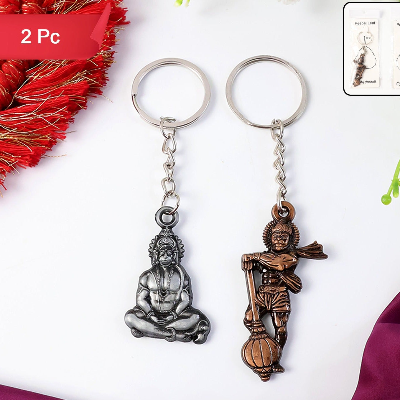 Hanuman Metal Keychain Set - 2 Pcs Mixed Design Antique Finish - Happy Price - Image 1