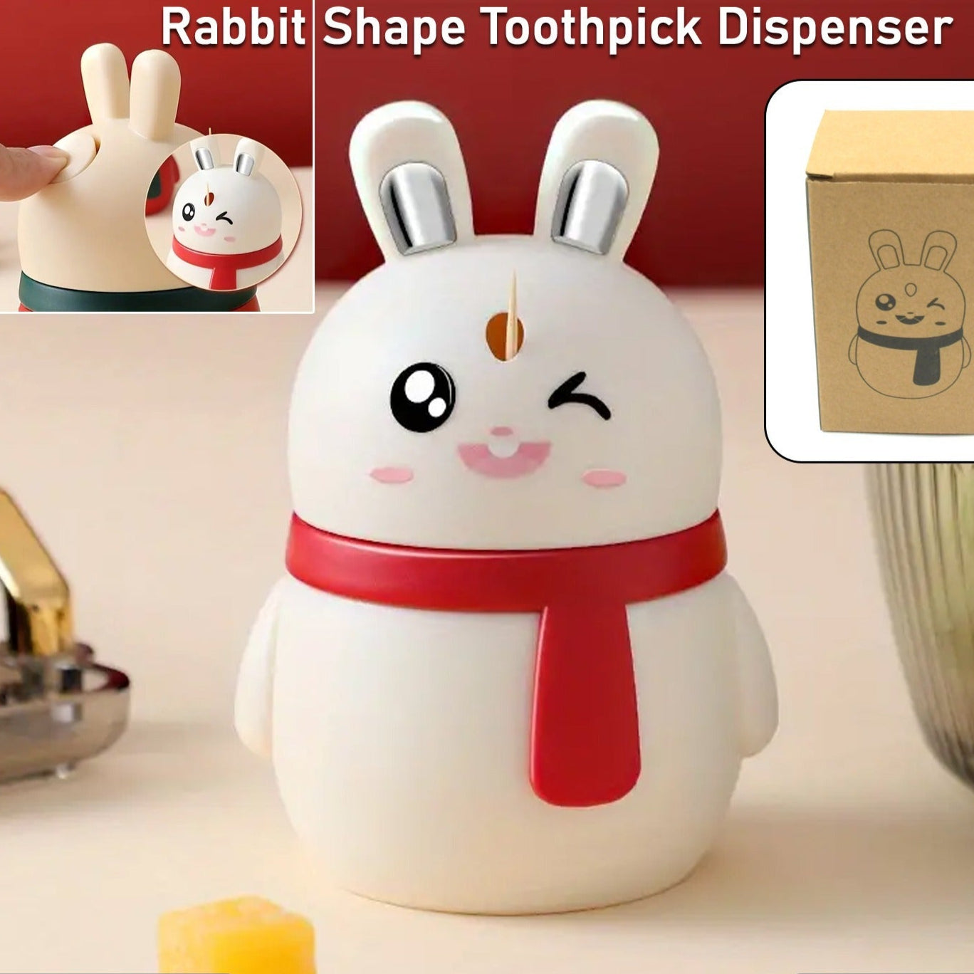 Rabbit Shape Toothpick Dispenser Pressing Small Size Accessory Durable Red  Home  Garden  Kitchen Dining  Bar  Kitchen Storage  Organization  Racks  Holders Dining Room Table Decoration (1 Pc ) - Happy Price - Image 1