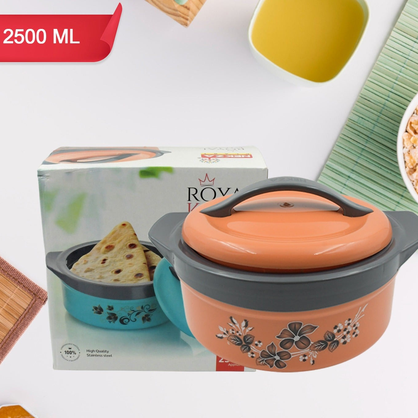 Casserole Box For Food Searving Inner Steel Insulated Casserole Hot Pot Flowers Printed Chapati Box For Roti Kitchen (Approx 2500 Ml) - Happy Price - Image 1
