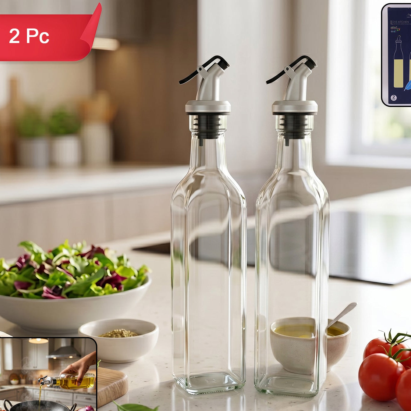 Glass Oil Dispenser Bottle Set - 500ml Leak Proof Pourer (2 Pc) - Happy Price - Image 1