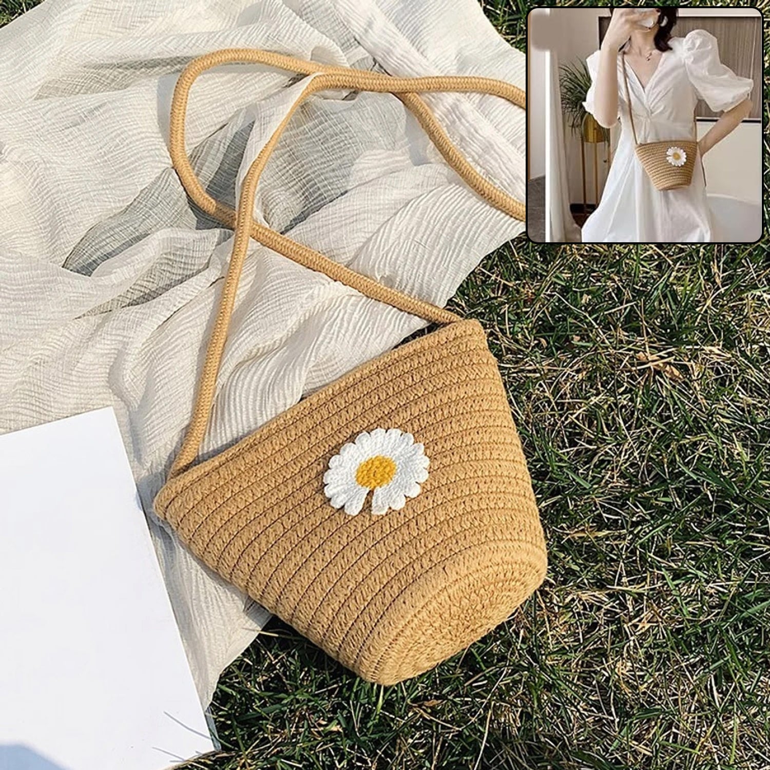 Jute Floral Crossbody Sling Bag - 1 Pc, 17x23 Cm - Great Price - Image 1
