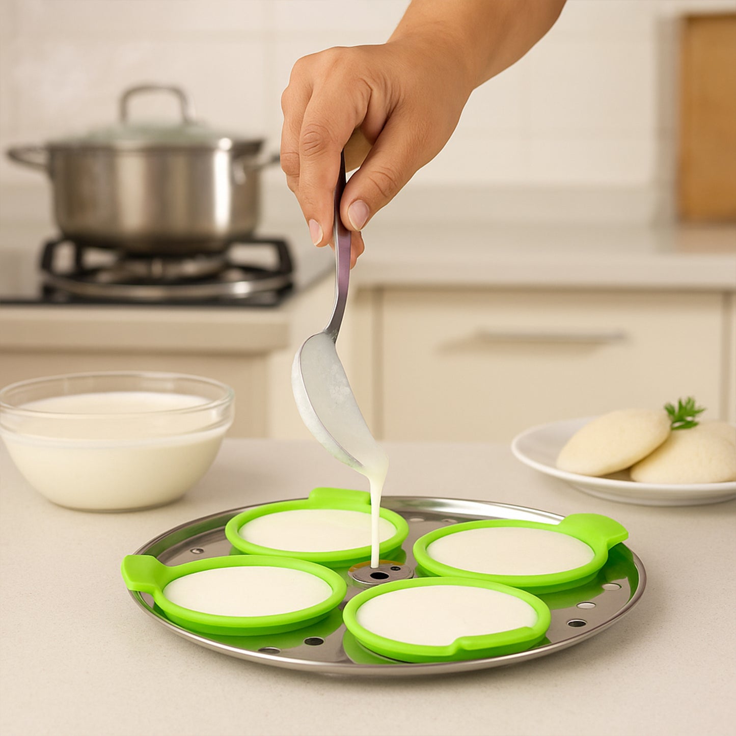 Silicone Idli Maker Cups - Set of 4 | Non-Stick Steamer Moulds for Idli, Dhokla & Egg - Happy Price - Image 4
