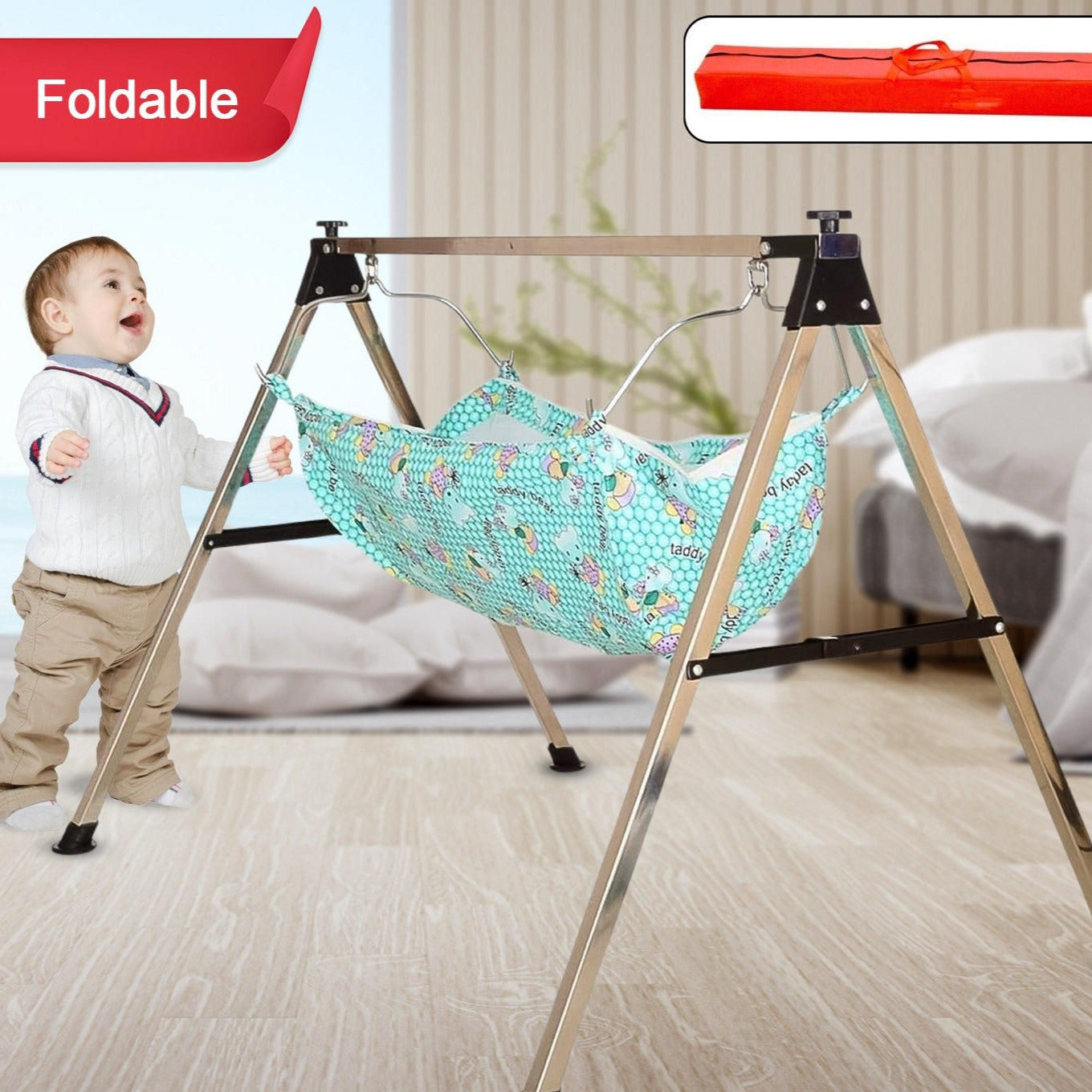 Baby Boys And Girls Portable Folding Swing Stainless Steel Stand (1 Pc) - Happy Price - Image 1