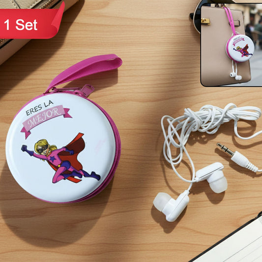 Portable Earphone Case with Wired Earphones Set - Round Zipper Pouch with Strap - Happy Price - Image 1