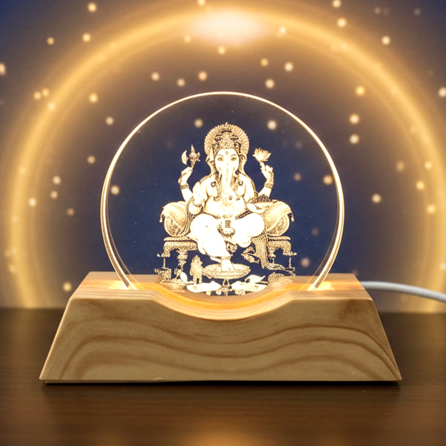 3D Ganesha Acrylic LED Night Lamp with Wooden Base - USB Powered - Happy Price - Image 6