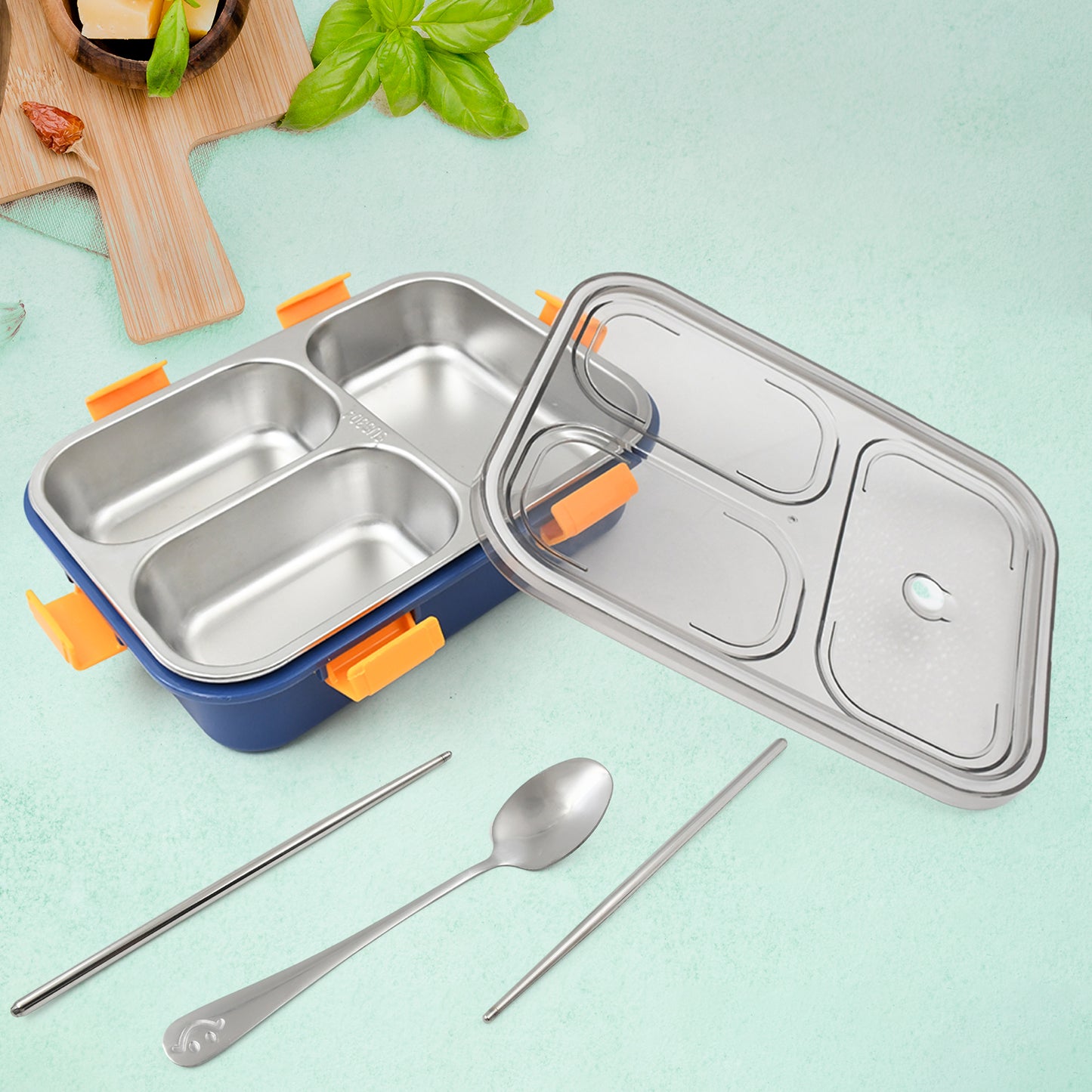 3 Compartment Transparent Stainless Steel Lunch Box With A Spoon And A Pair Of Chopsticks (1 Set) - Happy Price - Image 2
