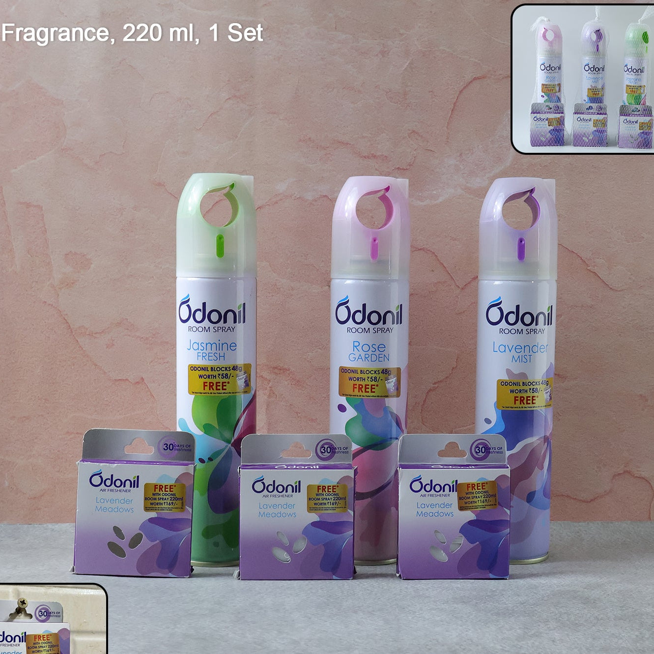 Room Spray And Air Freshener Blocks Combo Set (1 Set Mix Fragrance 220 Ml)
