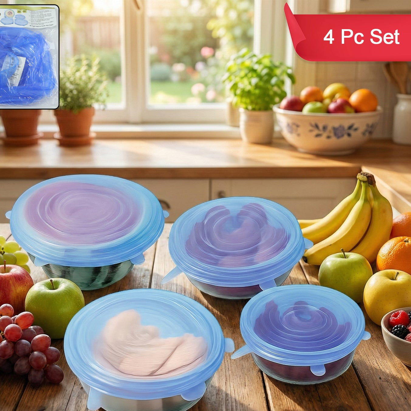 Set of 4 Reusable Silicone Stretch Food Lids for Bowls & Containers - Happy Price - Image 1