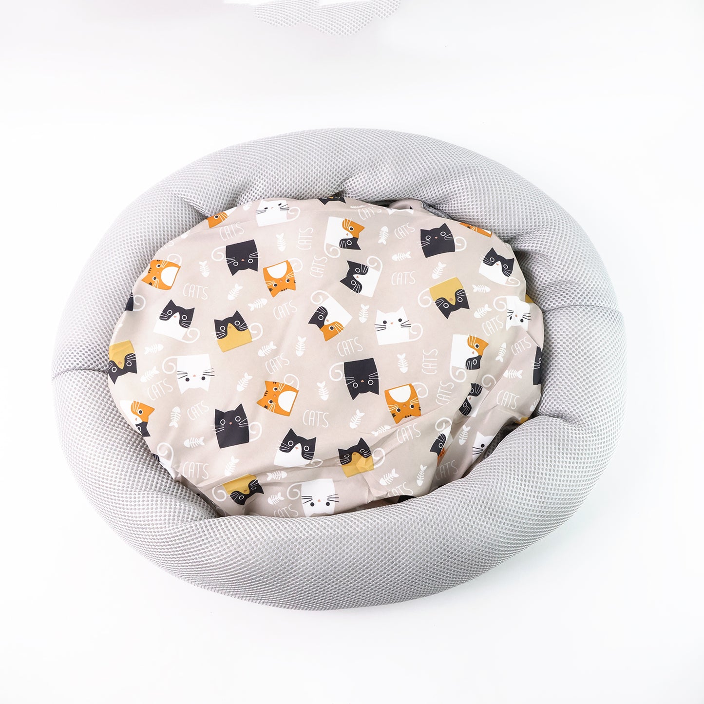 Round Soft Plush Cat Bed With Cartoon Cat Print Cushion  1 Pc - Happy Price - Image 2