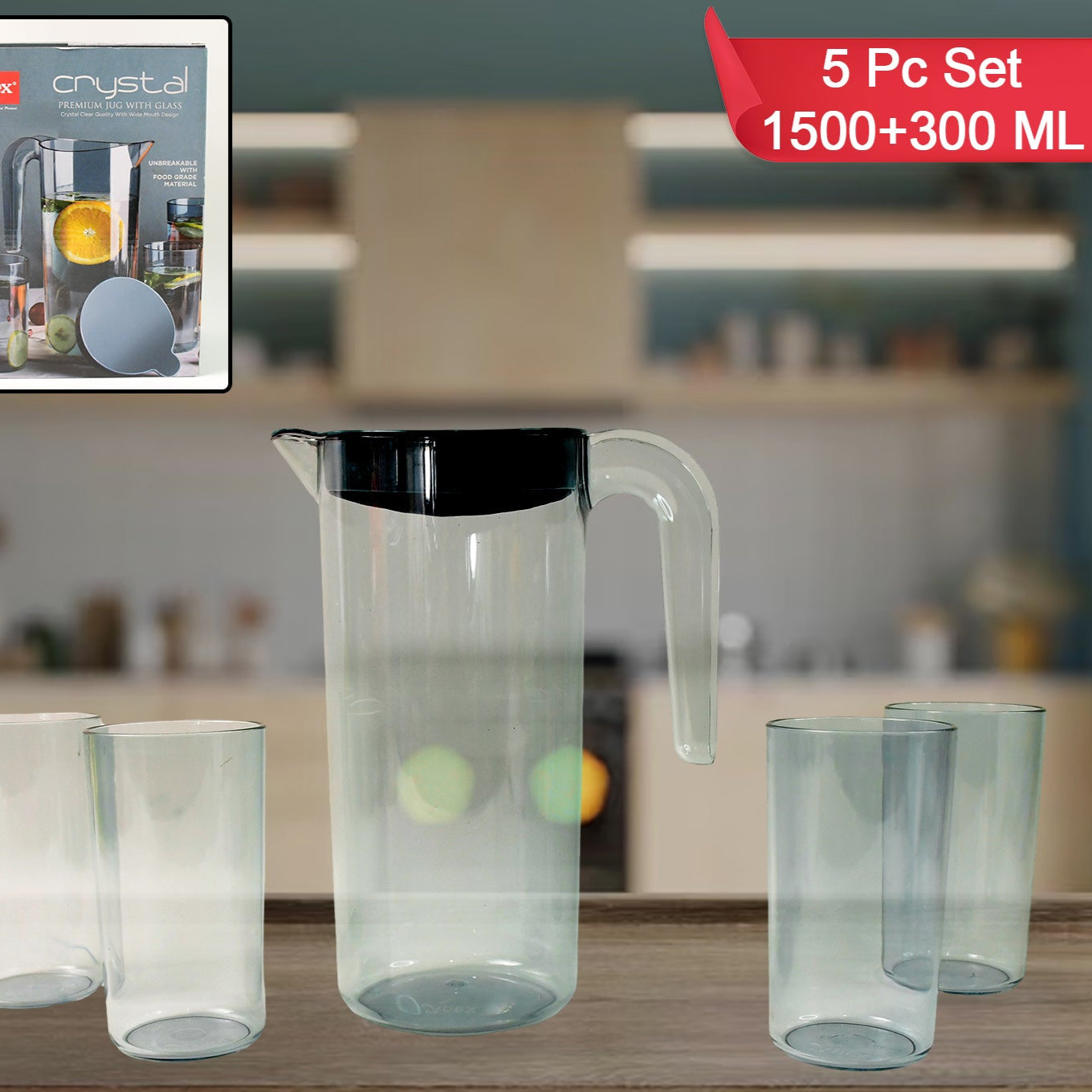 Apex Crystal Premium Jug With Lid  4 Pcs Glass (1500 Ml  300 Ml Approx  5 Pcs Set) - Happy Price - Image 1