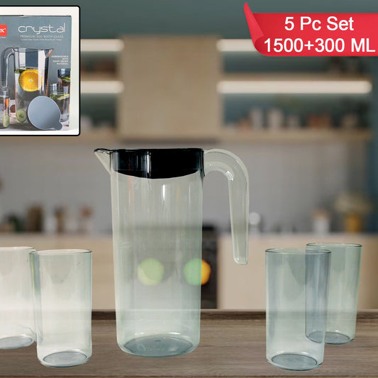 Apex Crystal Premium Jug With Lid  4 Pcs Glass (1500 Ml  300 Ml Approx  5 Pcs Set) - Happy Price - Image 1