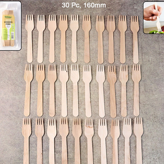 160mm Wooden Forks - 30 Pcs Pack | Smooth Birchwood Disposable Cutlery - Happy Price - Image 1