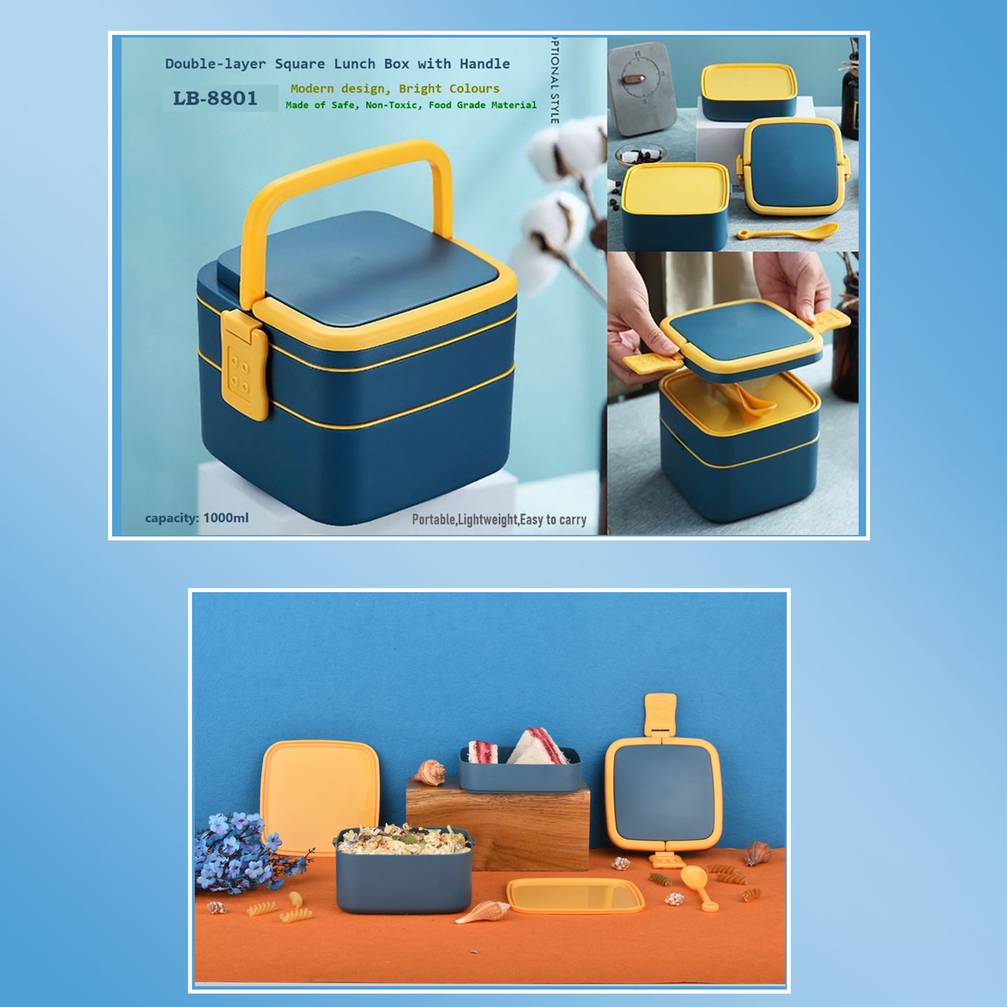 Blue Double-layer Portable Lunch Box Stackable With Carrying Handle And Spoon Lunch Box - Happy Price - Image 6