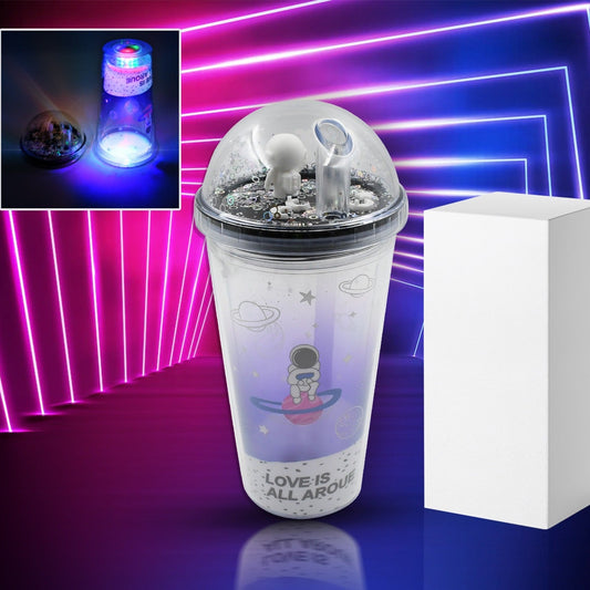 Astronaut Space Design LED Glow Light Tumbler with Straw - 13oz Insulated Double Wall Plastic Cup for Kids - Happy Price - Image 1