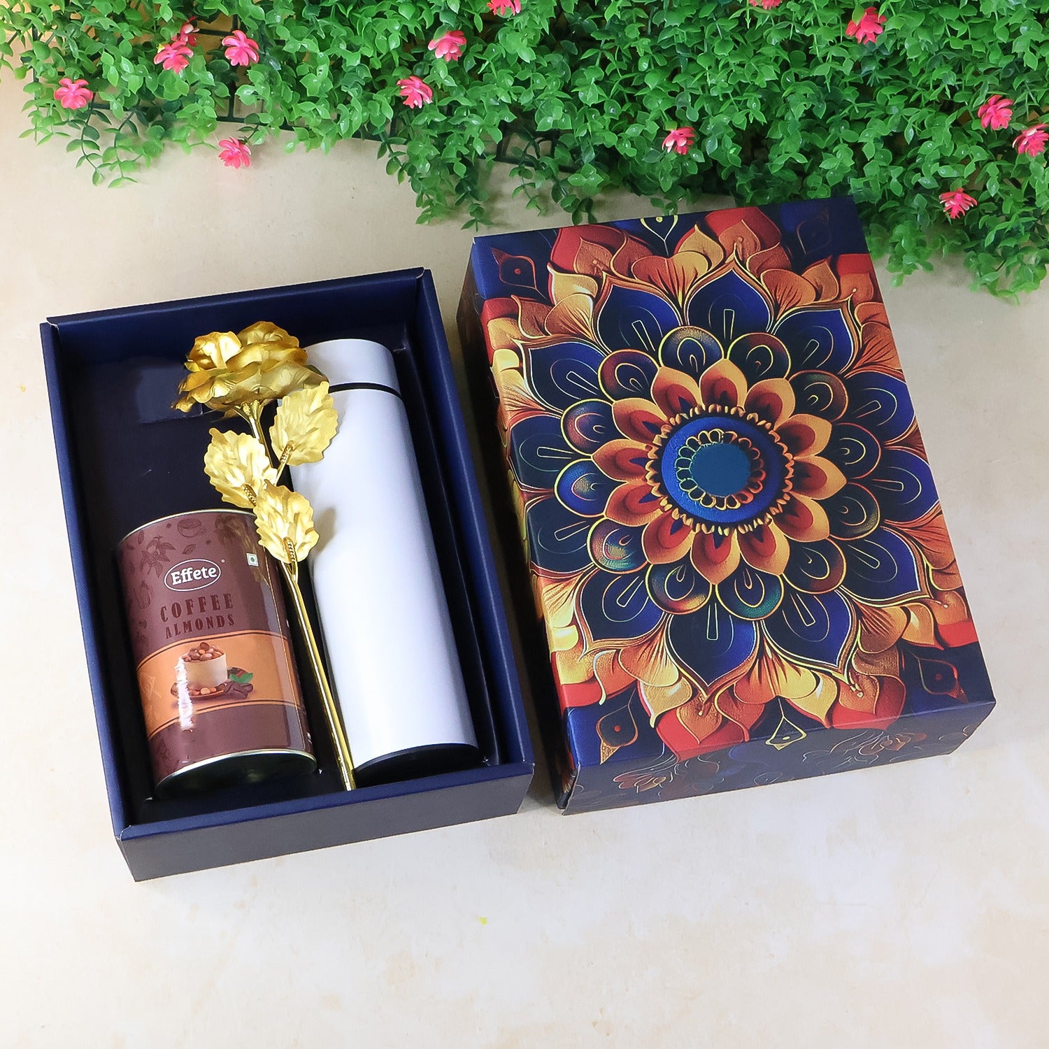 Effete Coffee Almonds & Golden Rose Gift Set with Steel Bottle (3 Pc) - Happy Price - Image 1