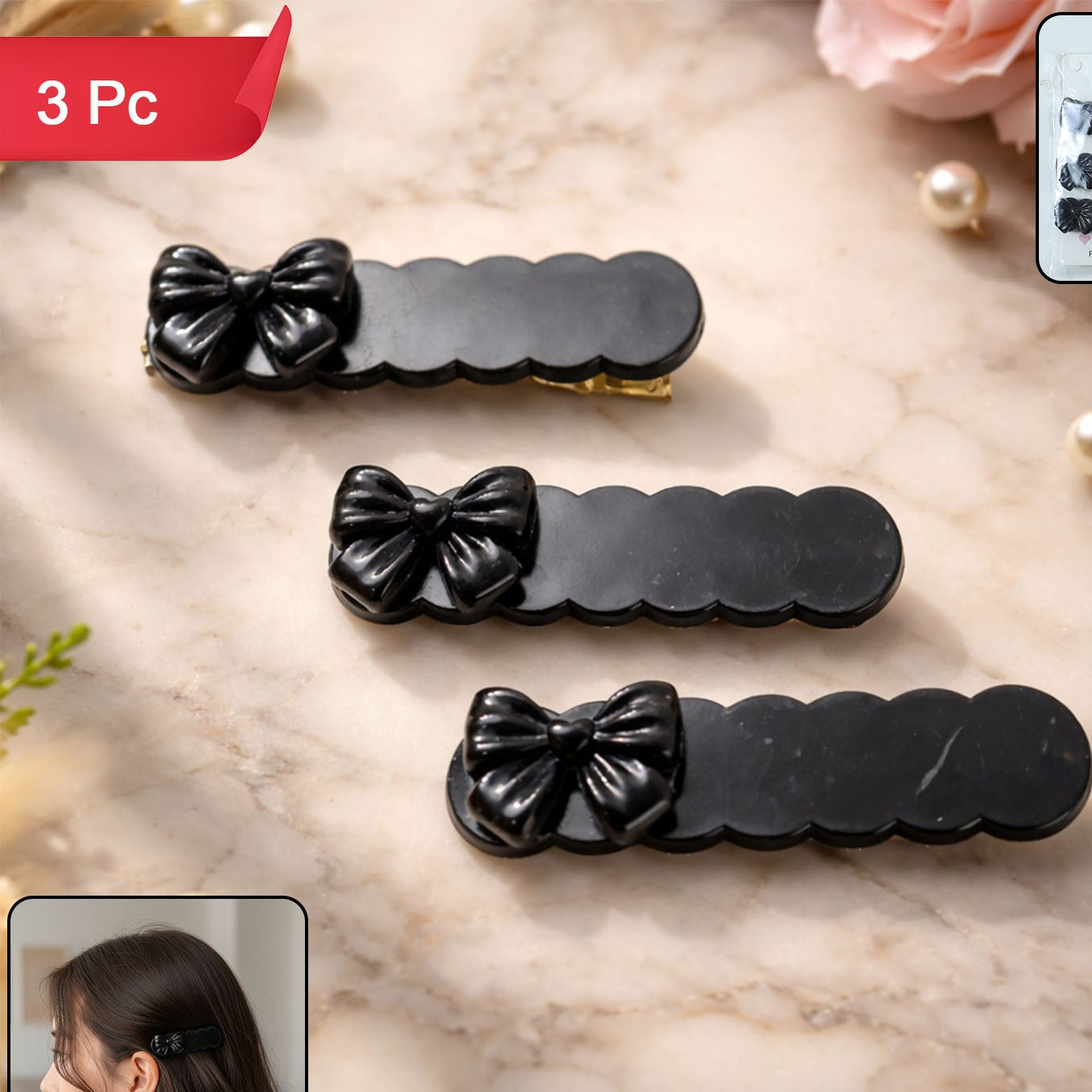 Black Bow Hair Clips for Women & Girls - Pack of 3 Snap Style - Happy Price - Image 1