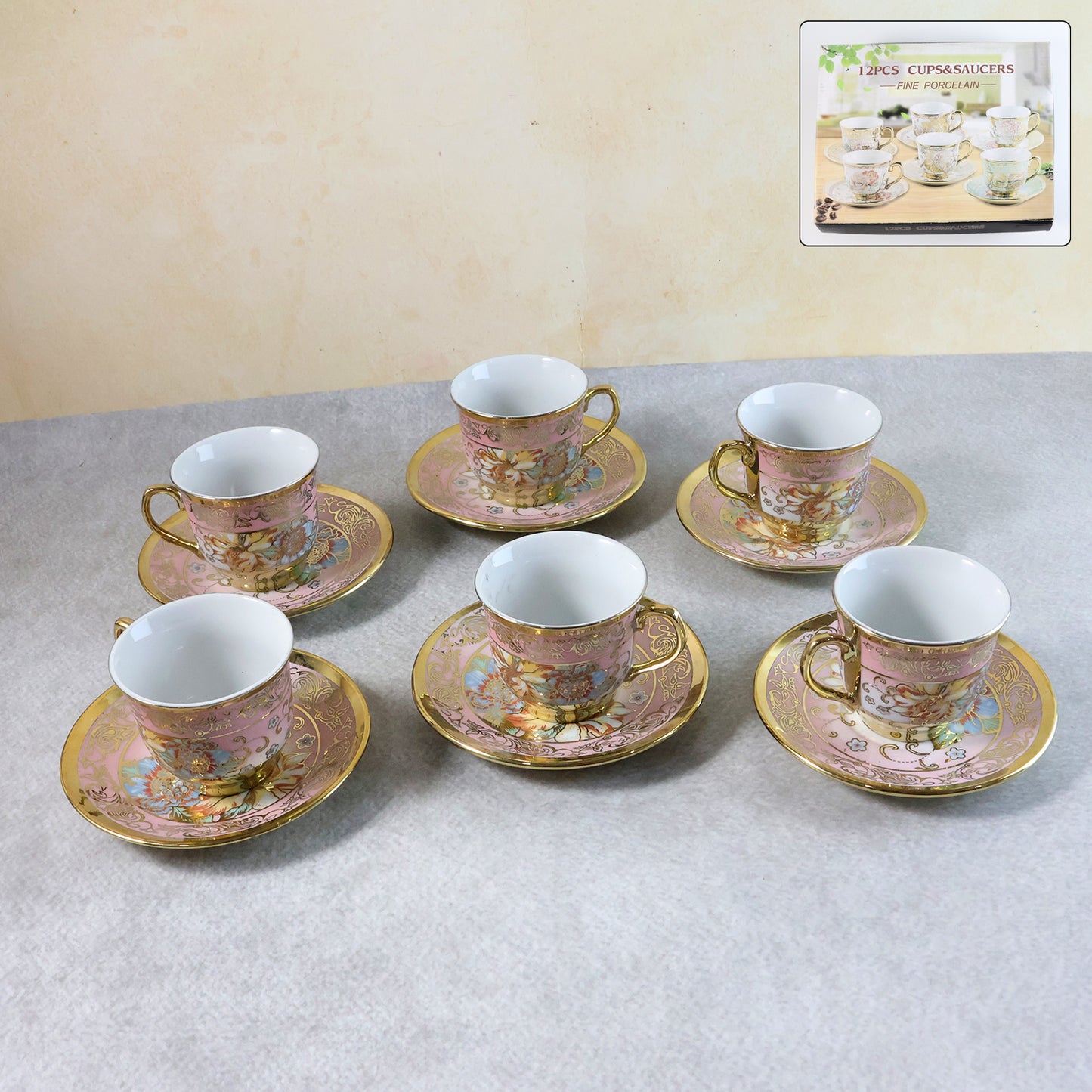 Elegant Floral Porcelain Tea Cup and Saucer Set - 12 Piece - Happy Price - Image 2