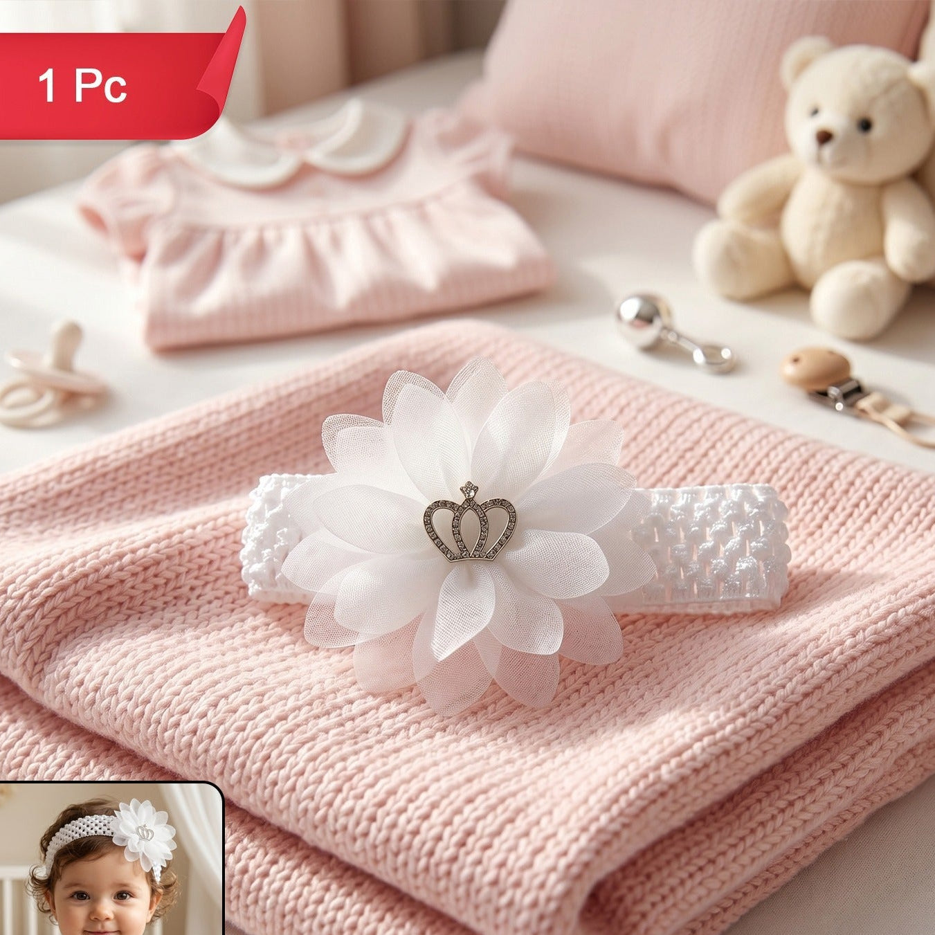 Soft Elastic Baby Hair Headband With Crown Flower Design (1 Pc)