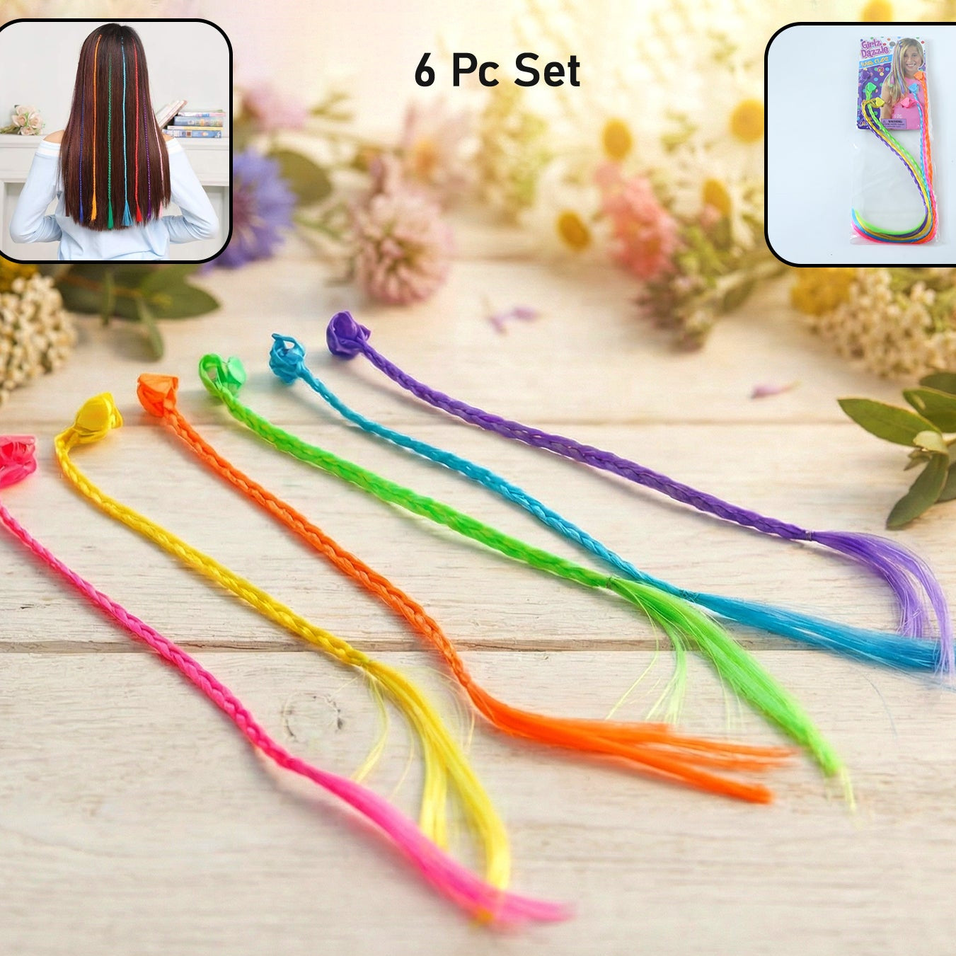 Colourful Braided Hair Streaks for Girls - 6 Pc Clip-In Extension Set - Happy Price - Image 1