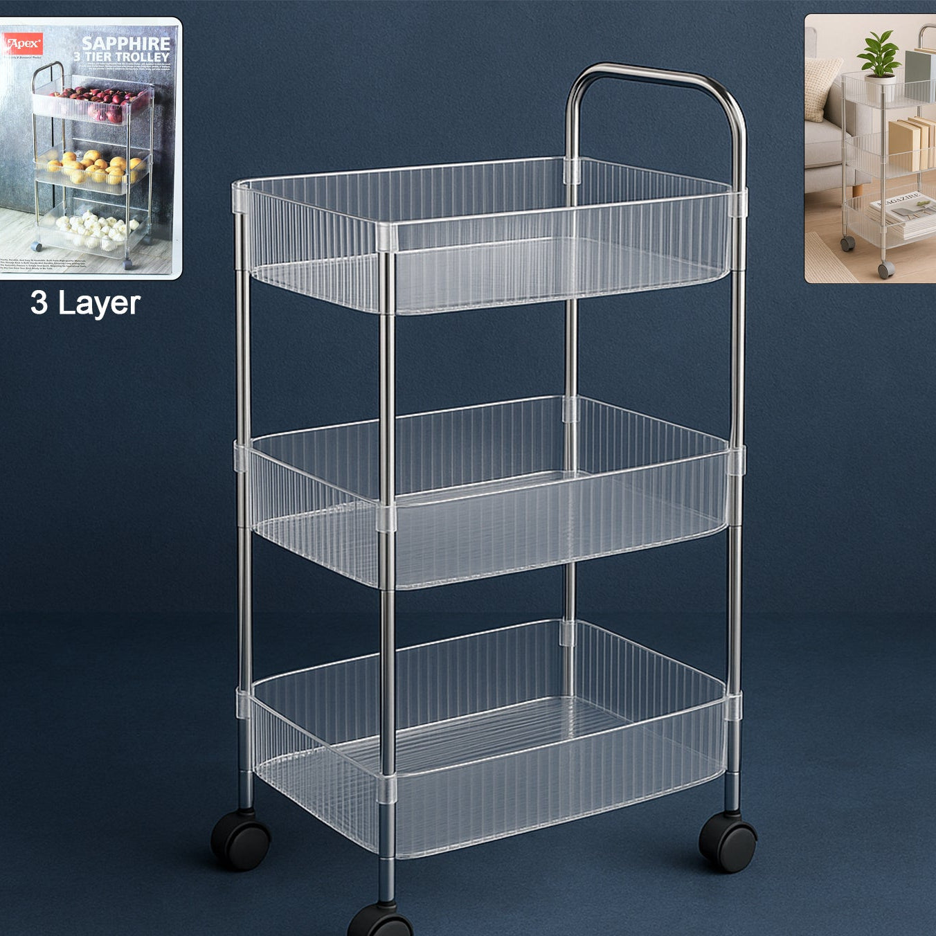 3-Tier Rolling Storage Trolley with Wheels - Metal Frame & Transparent Baskets - Happy Price - Image 1