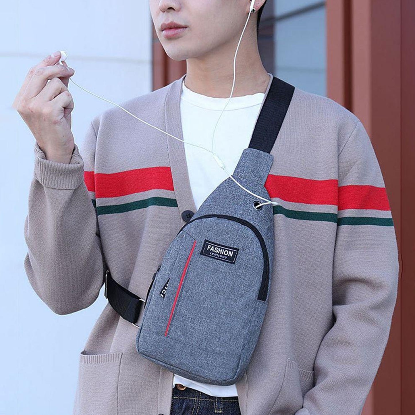 Grey Waterproof Anti Theft Crossbody Fanny Pack Waist Bag Pu Leather Shoulder Bags Chest Men Casual Fashion Usb Charging Earphone Hook Sling Travel Messengers Bag - Happy Price - Image 5