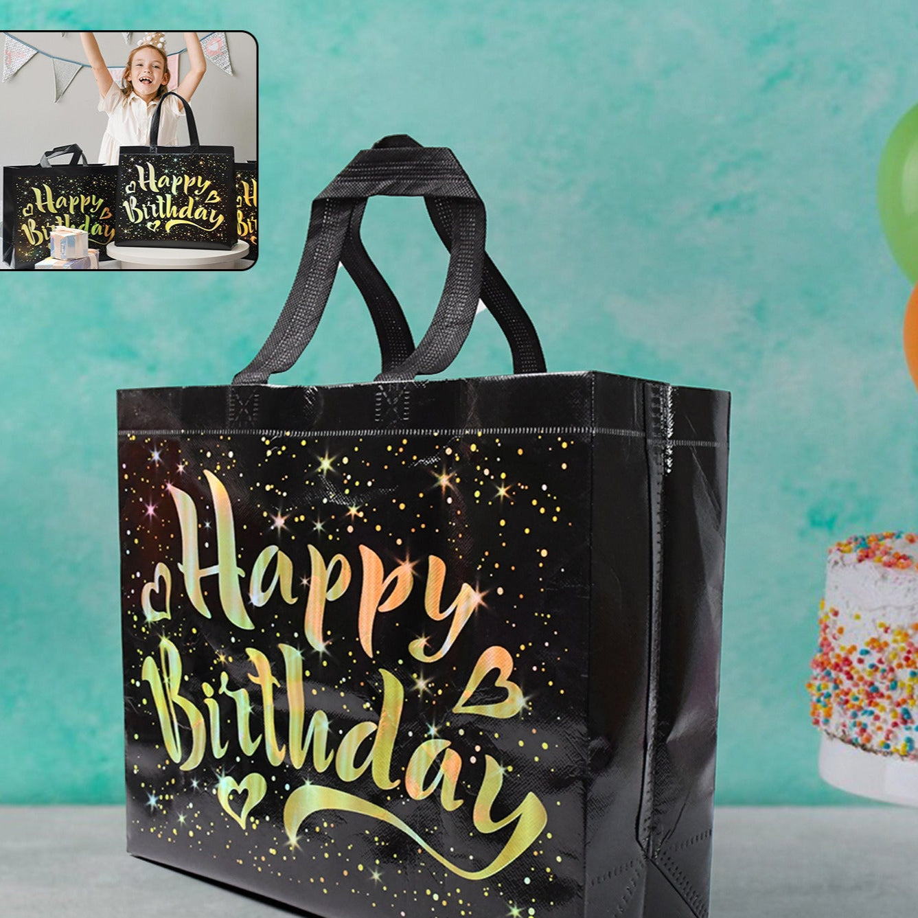 Birthday Gift Bag With Gold Shiny Stars Reusable Party Gift Bags (1 Pc) - Happy Price - Image 1