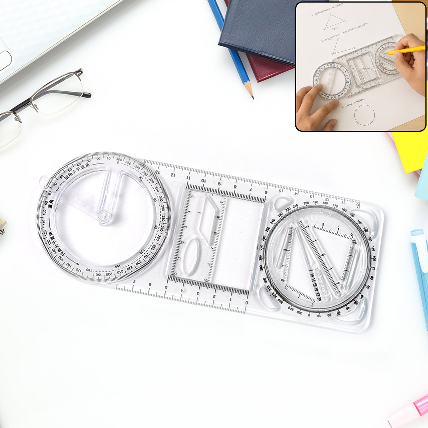 1 Pc Multi-Purpose Geometry Drawing Tool with Ruler, Protractor & Stencils - Happy Price - Image 4