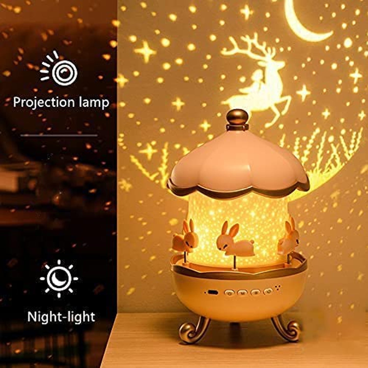 Rotating Bunny Carousel LED Star Projector Lamp with Music - Rechargeable Night Light for Kids - Happy Price - Image 4