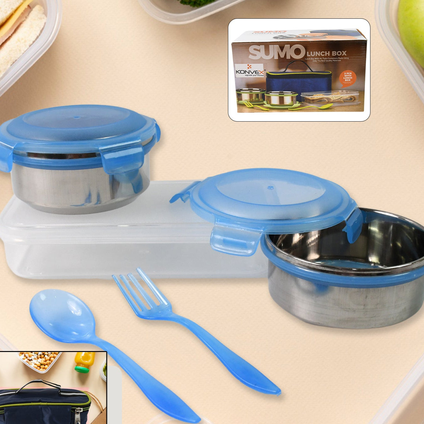 Sumo Lunch Box With Lunch Bag Plastic Lunch Box  Plastic Spoon Fork (2 Pc Set  With Lunch Box) - Happy Price - Image 1