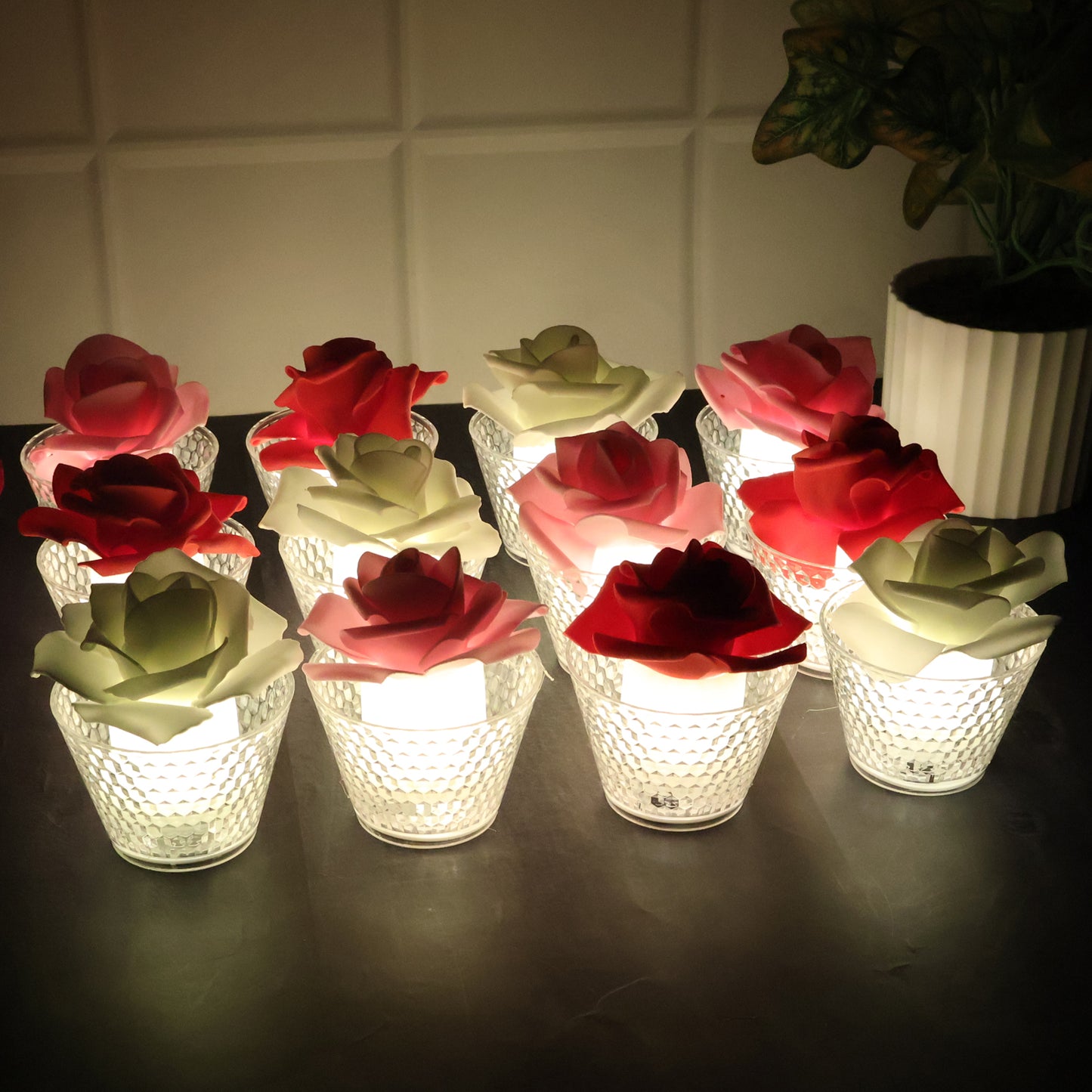 12 Pc Rose Shaped Flameless LED Candles with Glass Holder - Warm Glow Decorative Lights - Happy Price - Image 3