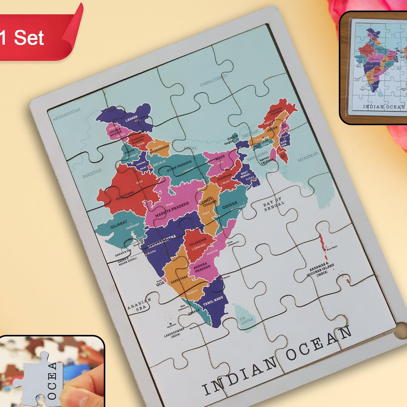 Wooden India Map Puzzle for Kids - Educational Geography Learning Toy (1 Set) - Happy Price - Image 1