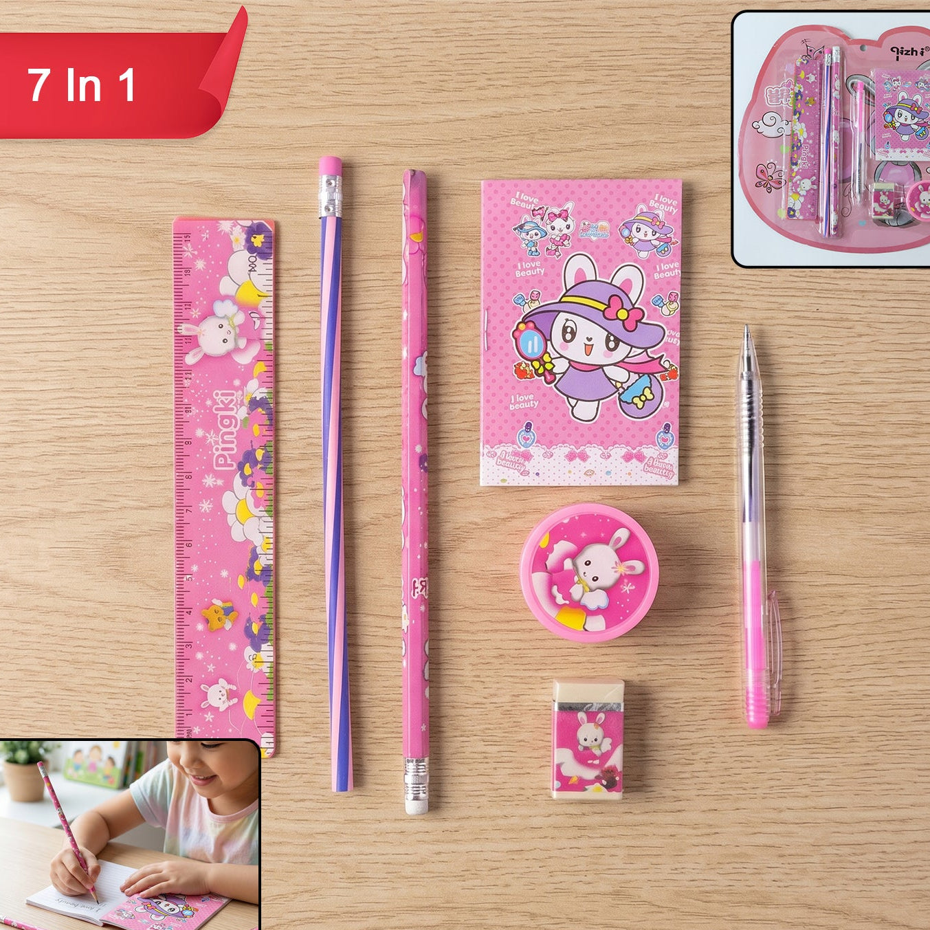 7-in-1 Cute Pink Stationery Kit for Kids - Includes Pen, Pencil, Notebook & More - Happy Price - Image 1