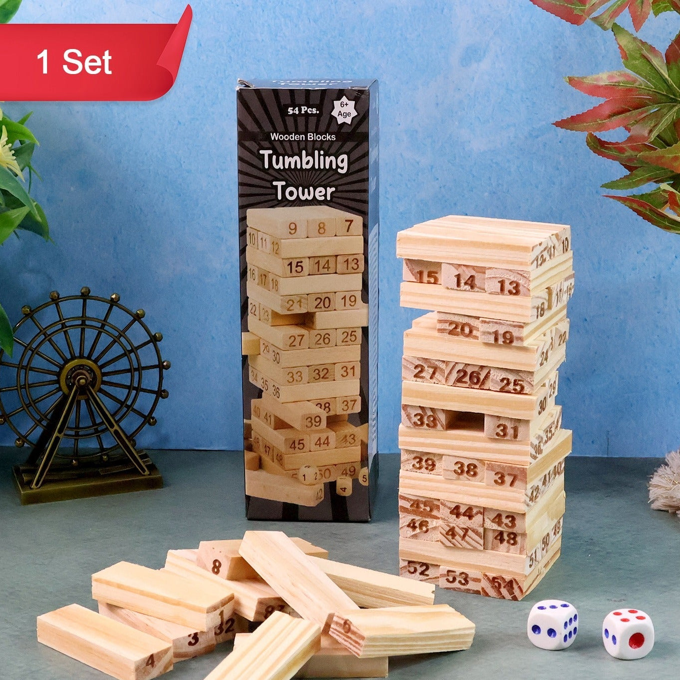Wooden Block Stacking Game - 54 Numbered Pieces & 2 Dice - Happy Price - Image 1