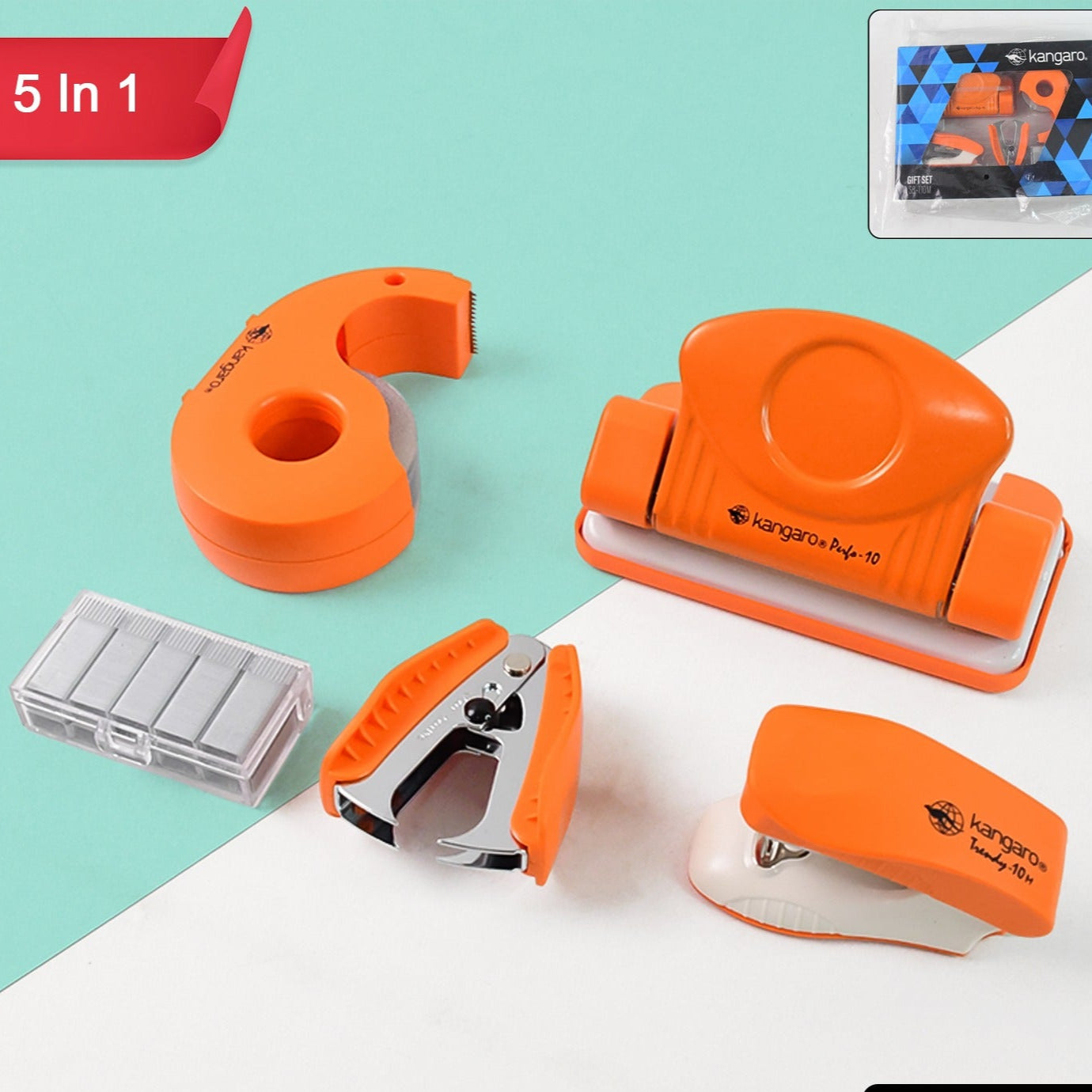5-in-1 Stationery Kit with Stapler, Staples, Remover, Tape Dispenser & Punch - Happy Price - Image 1