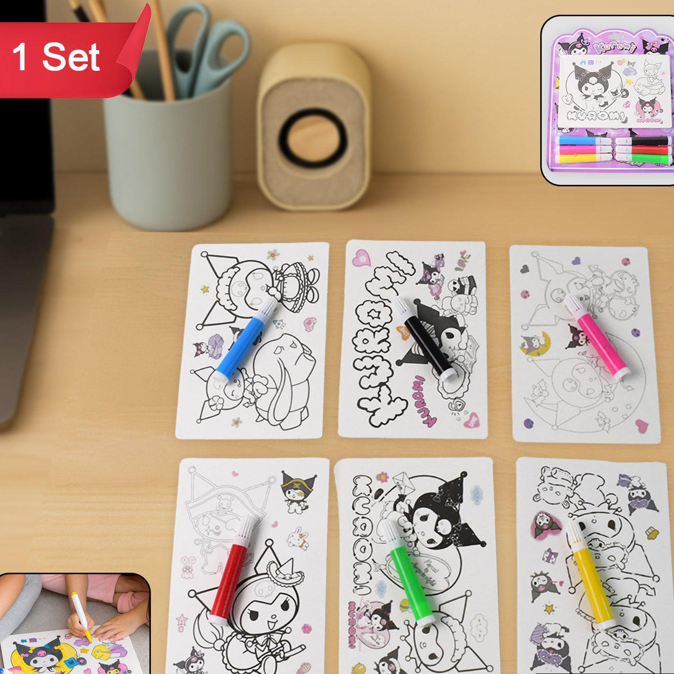 Kids Coloring Book Set with 6 Sheets and 6 Markers - Creative Art Fun - Happy Price - Image 1