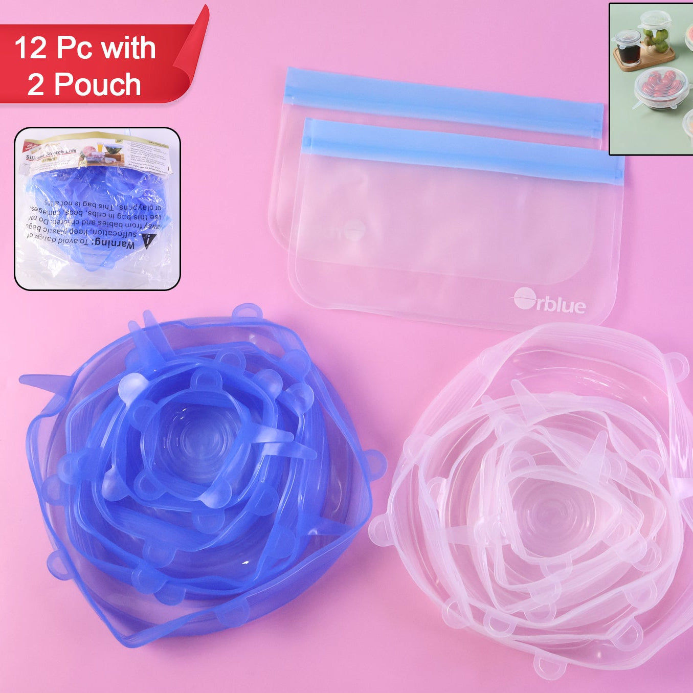 12 Piece Reusable Stretch Food Lids Set with 2 Storage Pouches - Happy Price - Image 1