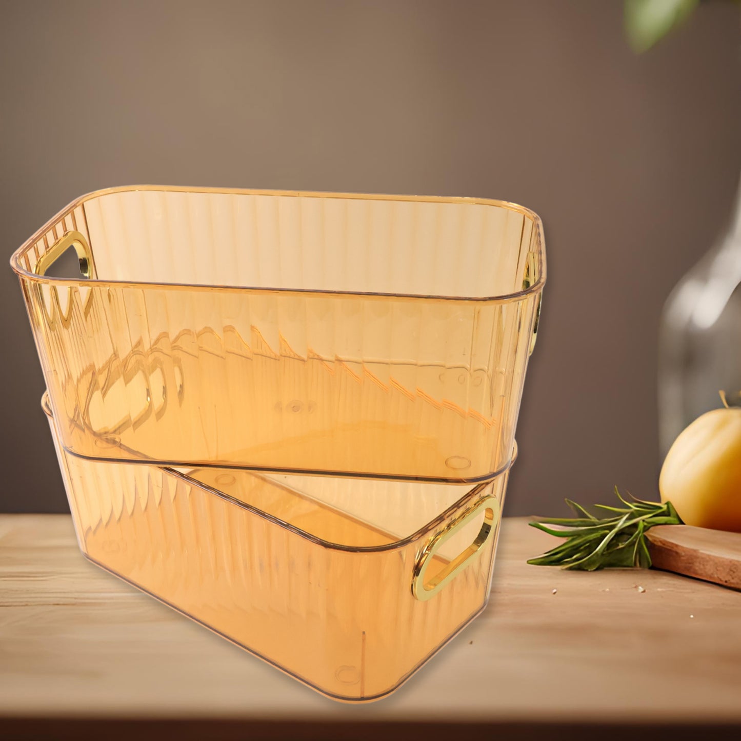 Premium Ribbed Transparent Storage Basket With Gold Handle  Multipurpose Kitchen Amp Home Organizer Box (25x14cm  2 Pc) - Happy Price - Image 5