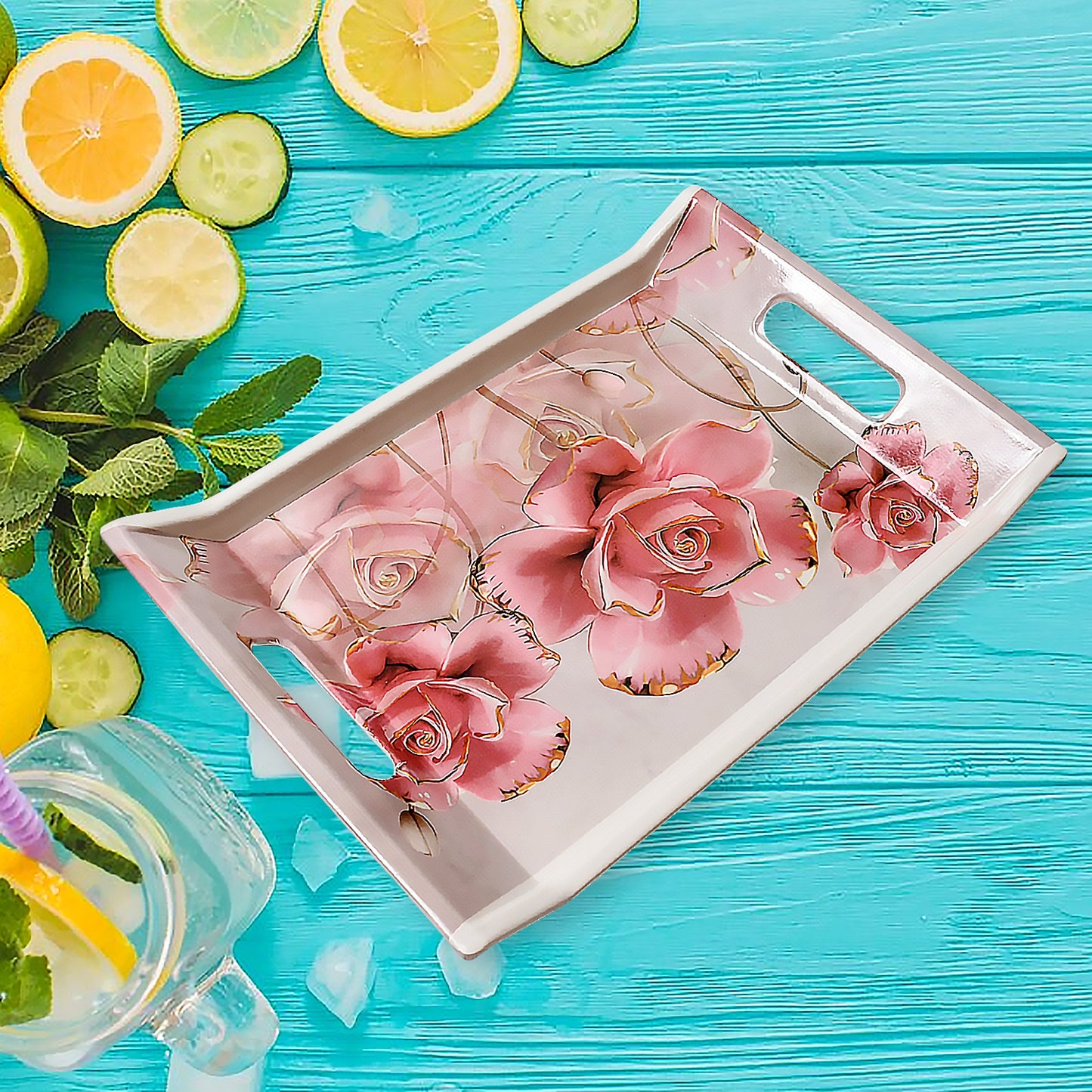 Plastic Rectangular Shape Flower Printed Design Serving Tray 3 Pcs Home And Kitchen Use (3 Pcs Set) - Happy Price - Image 6