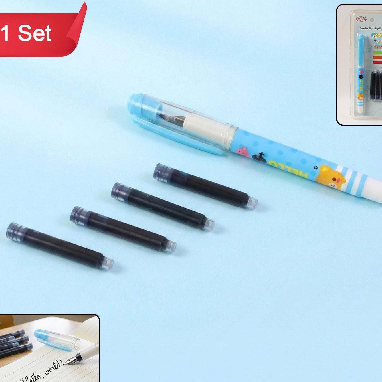 Cute Cartoon Liquid Ink Pen Set with Refills - Smooth Writing Fountain Style - Happy Price - Image 1