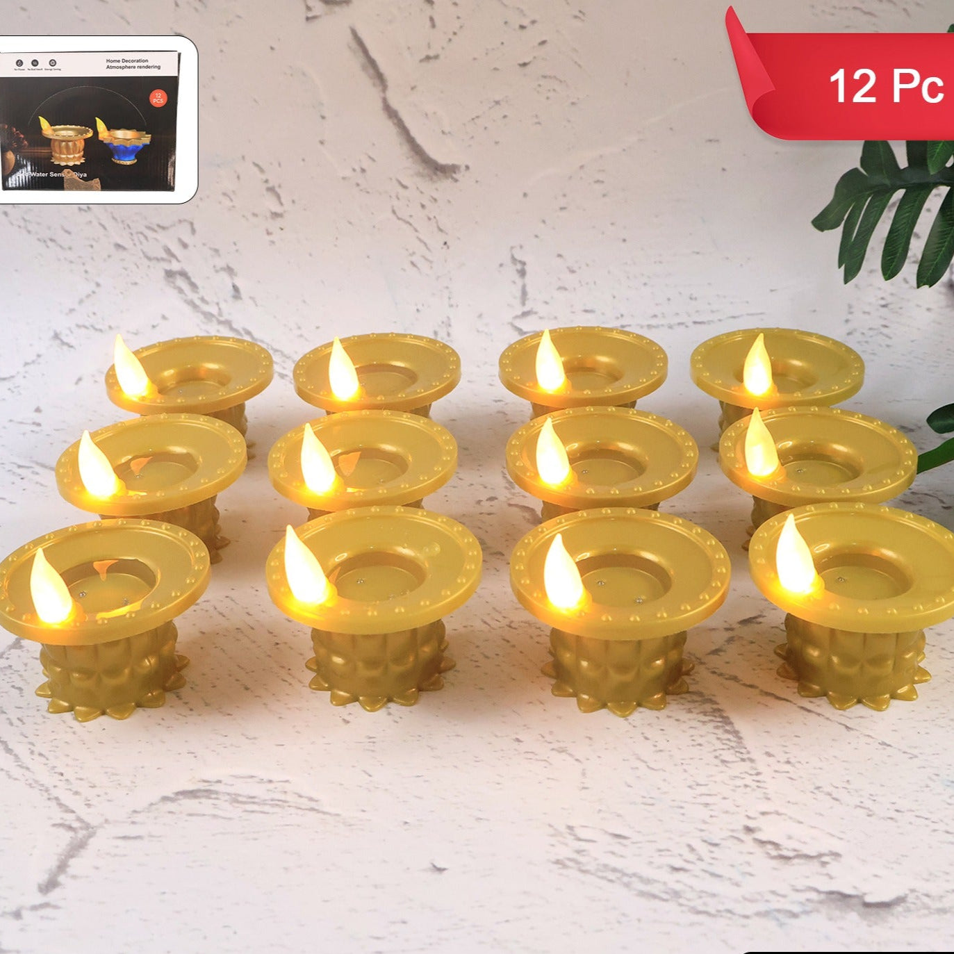 Set of 12 Golden Water Sensor LED Diyas - Flameless Decorative Lights - Happy Price - Image 1