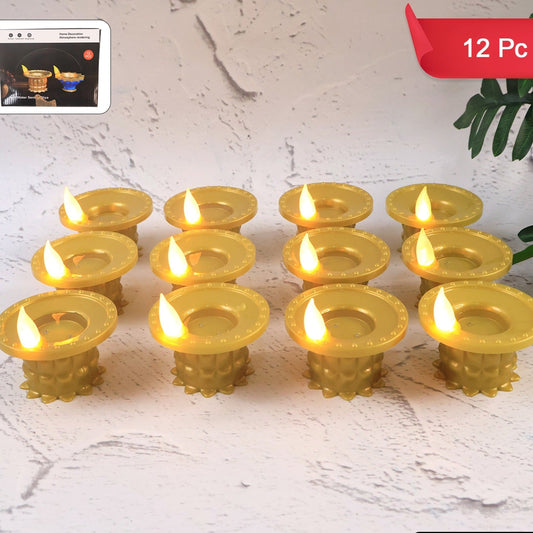 Set of 12 Golden Water Sensor LED Diyas - Flameless Decorative Lights - Happy Price - Image 1