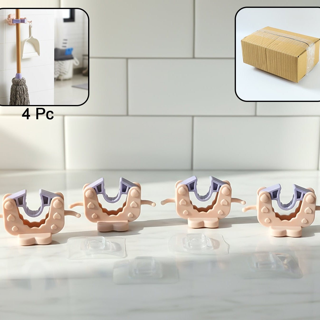 Wall Mounted Broom Mop Holder Clips - 4 Pc Set for Home Organization - Happy Price - Image 1