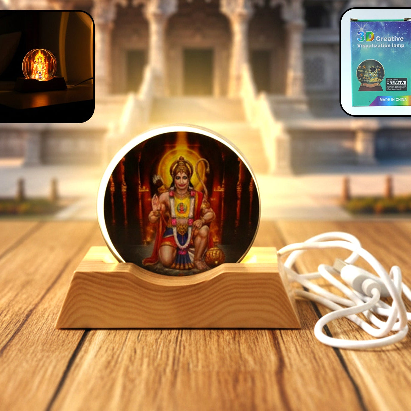 3D Hanuman Ji LED Night Lamp with Wooden Base - USB Powered - Happy Price - Image 1