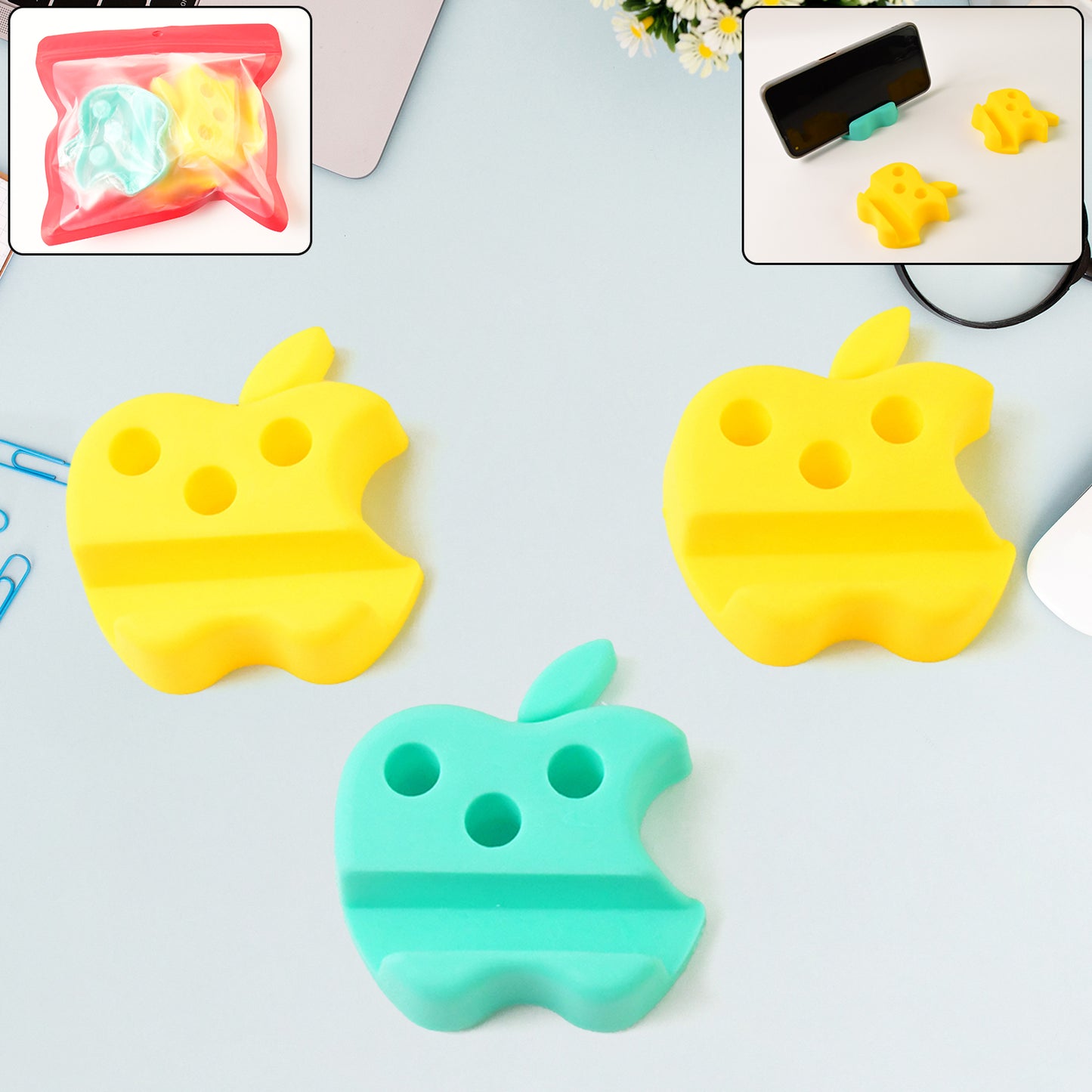 Multi-functional Apple-shaped Plastic Mobile Stand With Pen Holder (3 Pc  Mix Color) - Happy Price - Image 7