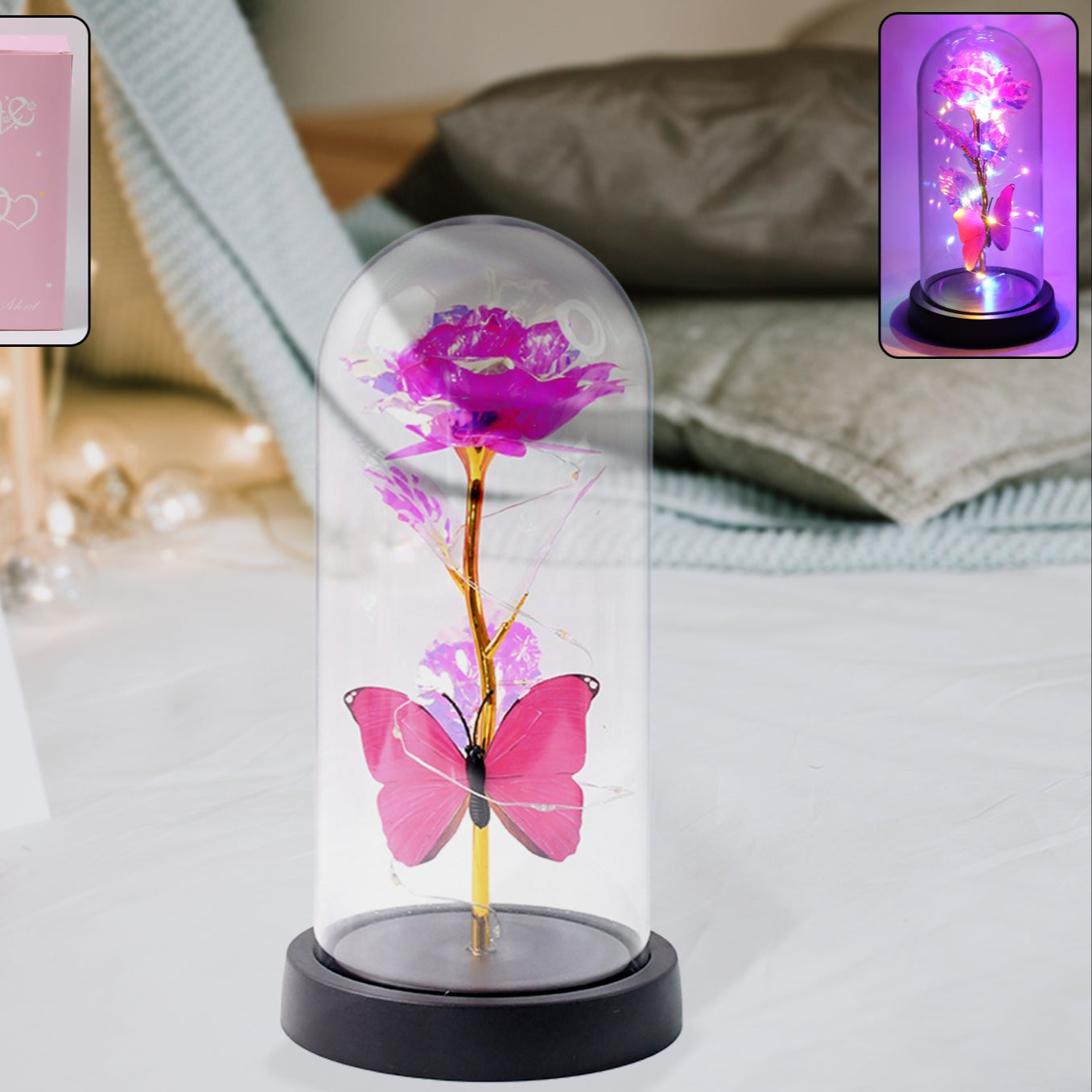 Led Decorative Rose With Butterfly In Transparent Plastic Dome (1 Pc  Battery Not Included) - Happy Price - Image 1