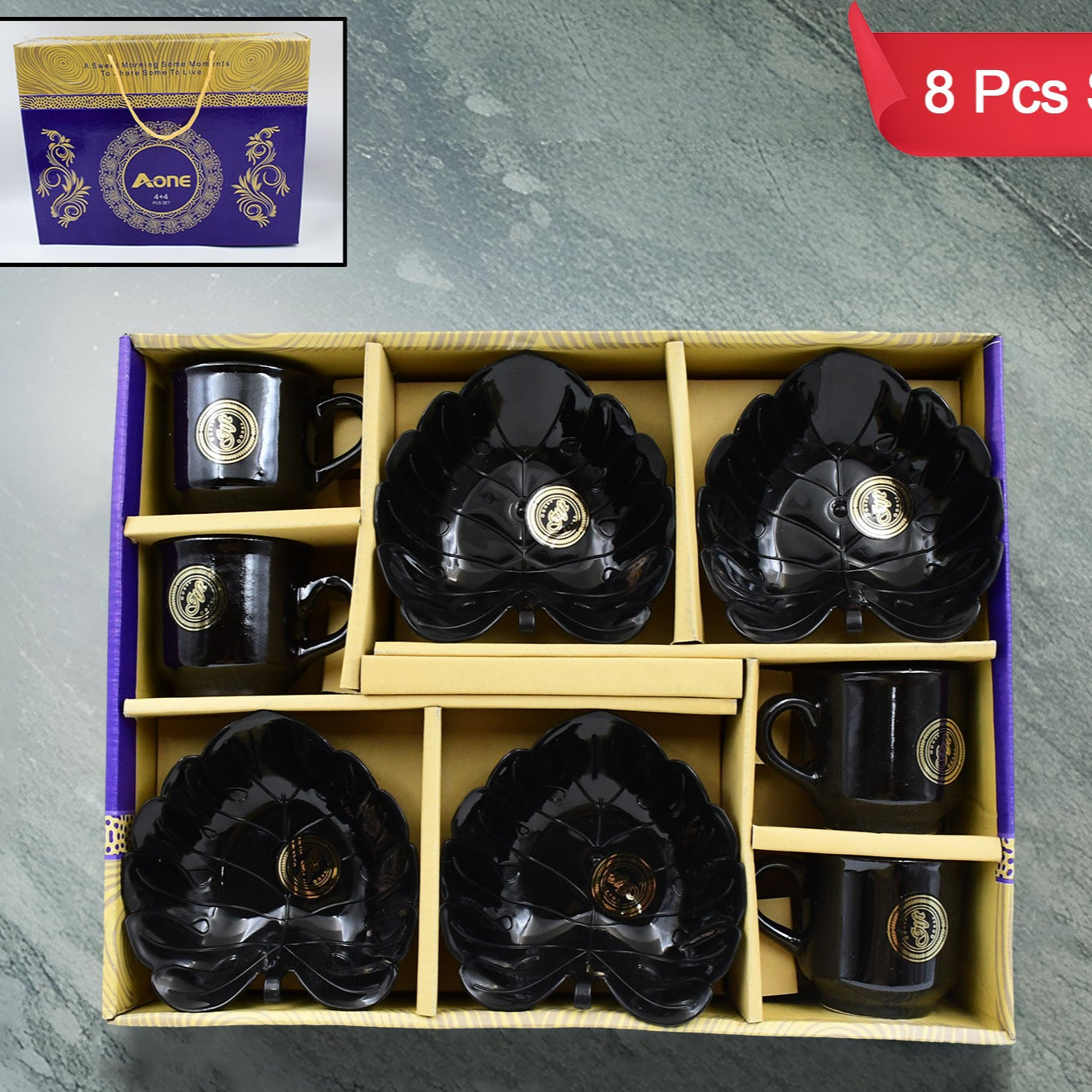 A One Ceramic Tea  Cups  Mug Set With Leaf Shape Serving Bowl (8 Pcs Set) - Happy Price - Image 1