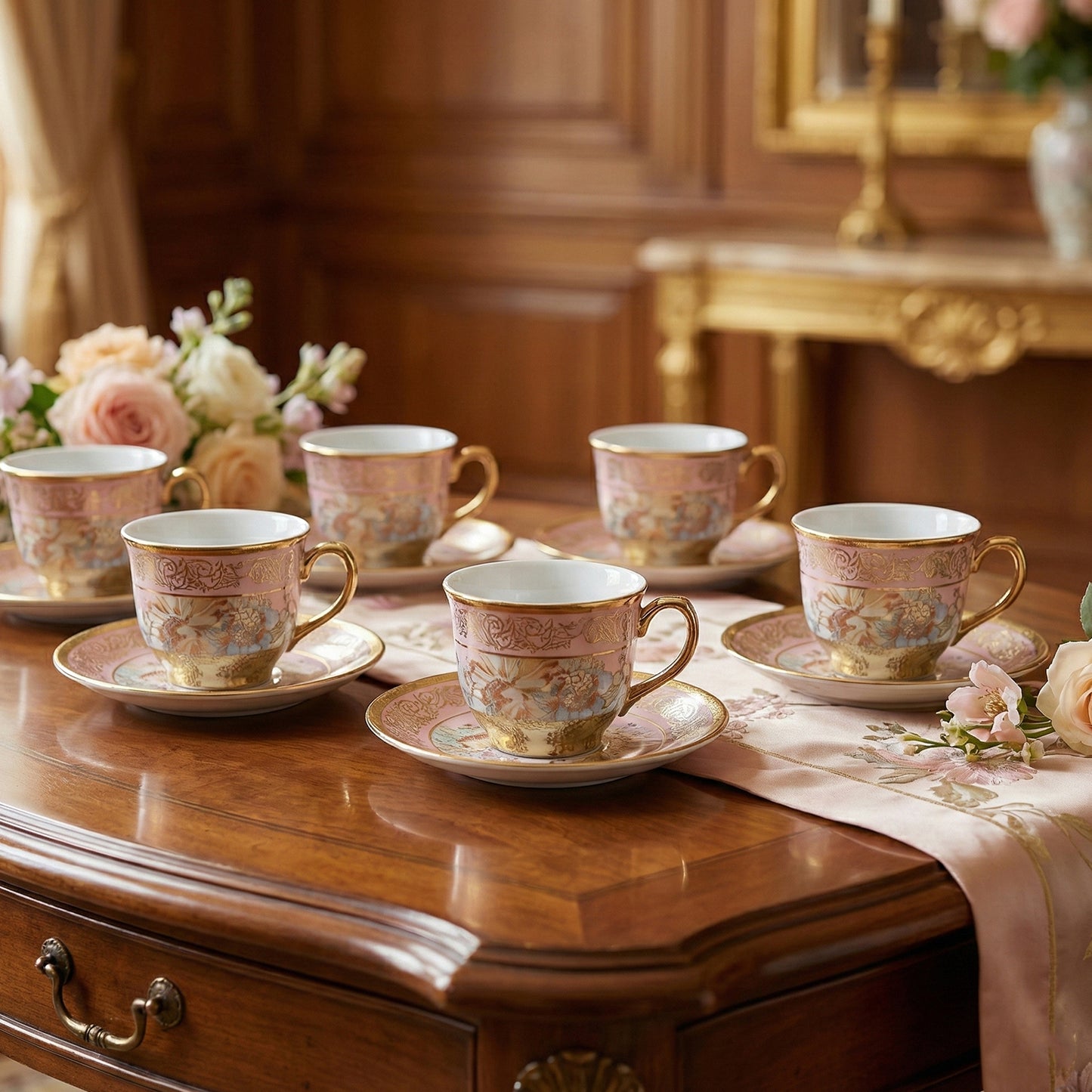 Elegant Floral Porcelain Tea Cup and Saucer Set - 12 Piece - Happy Price - Image 5