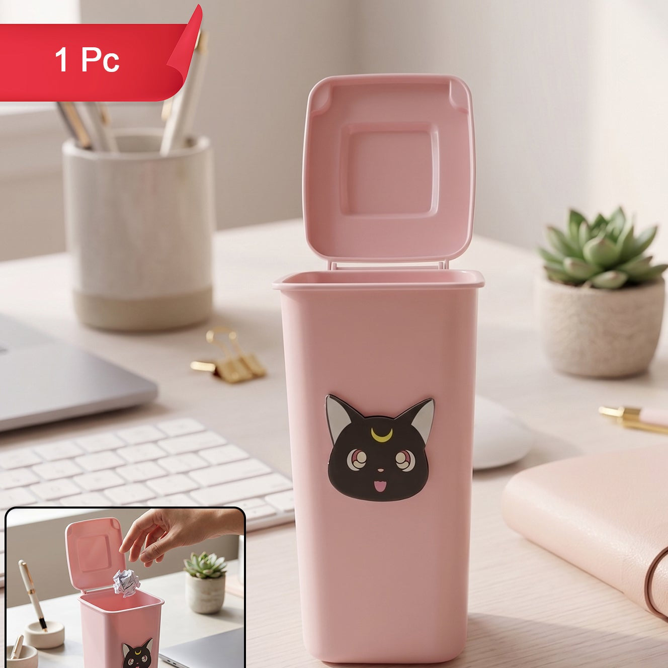 Creative Mini Trash Can Shape Pen Stand With Lid (1 Pc)