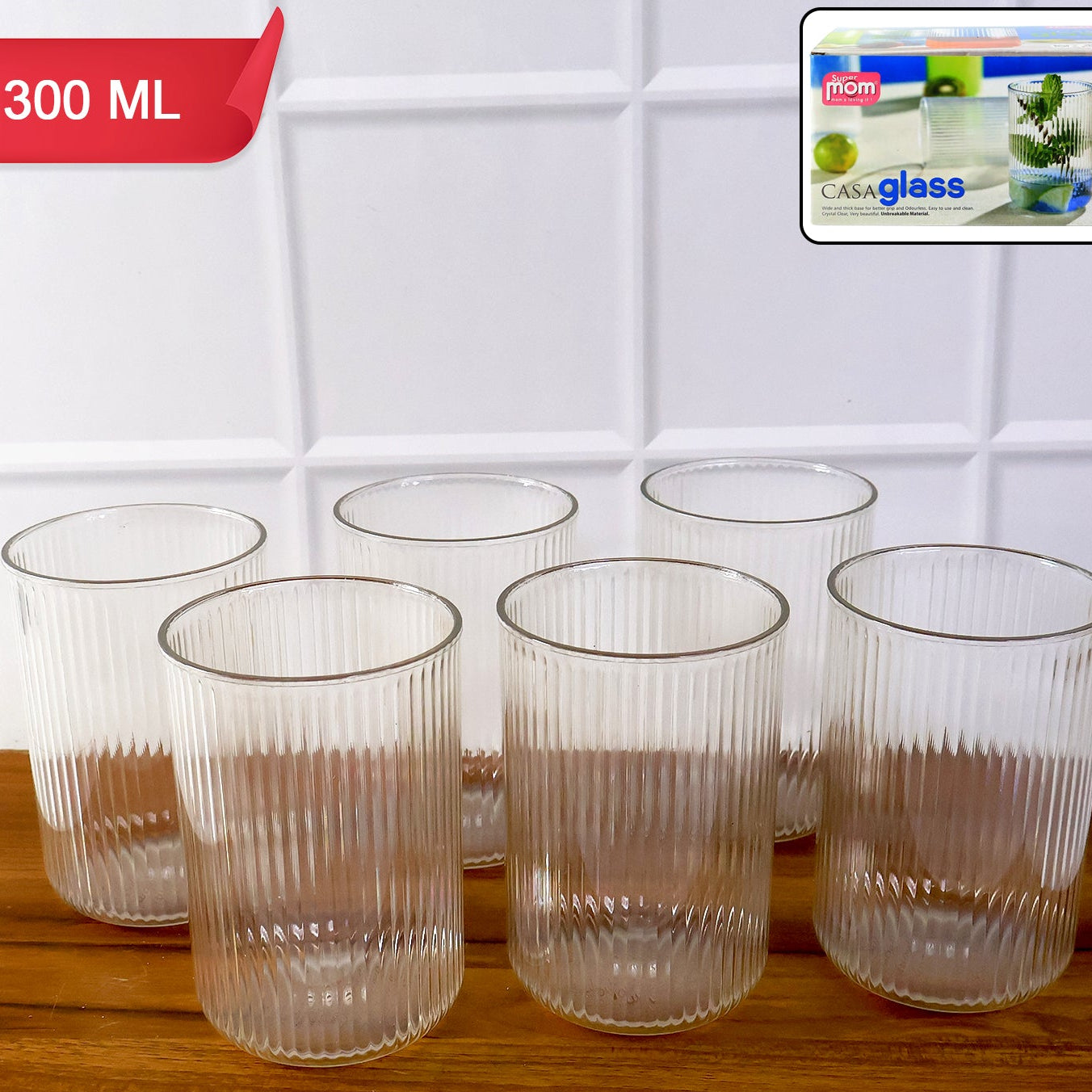 Supermom Casa 6 Pc Transparent 300ml Tall Ribbed Plastic Glass Set - Happy Price - Image 1
